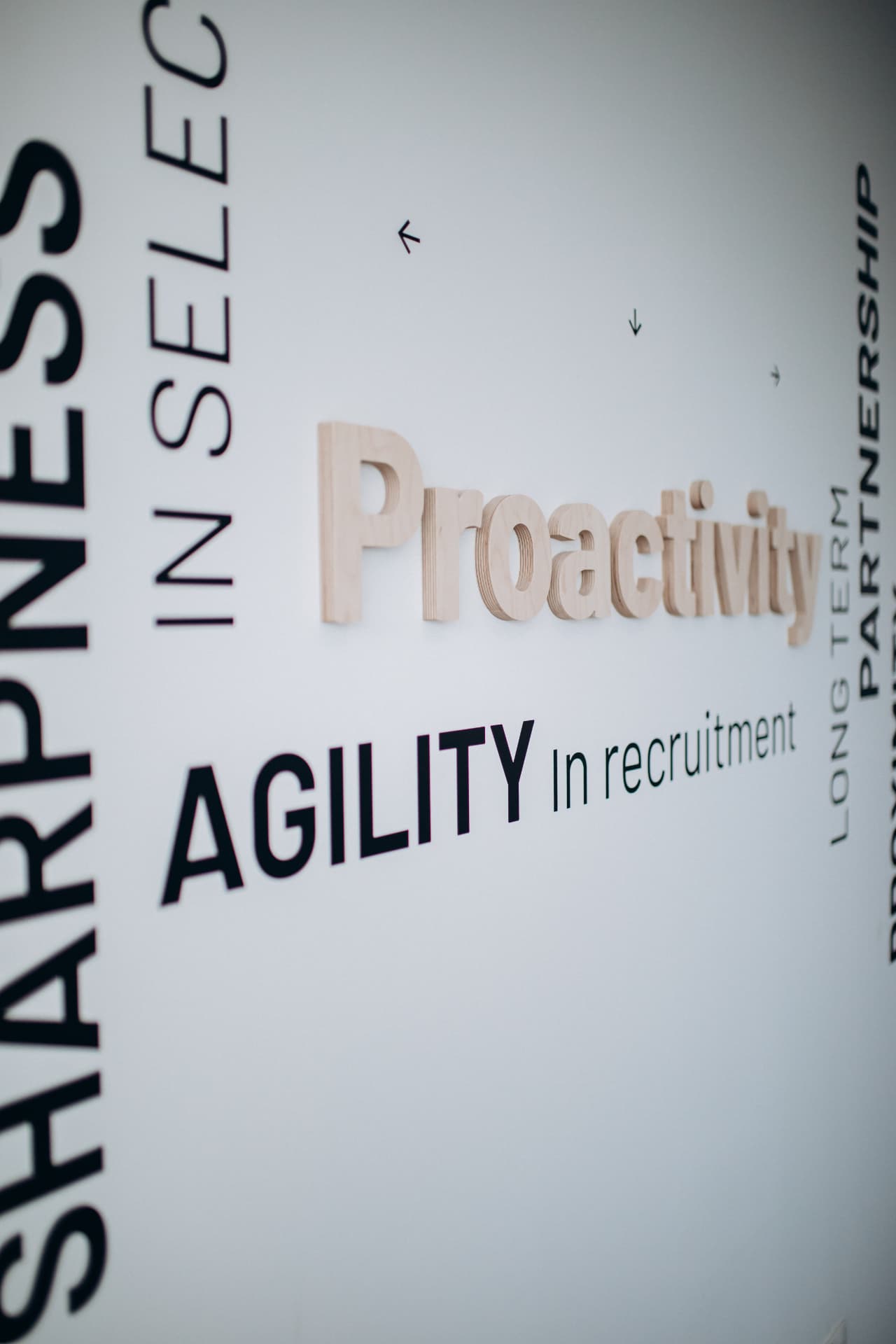 Mur des valeurs Arbalett : Proactivity, Agility in recruitment, long term partnership, proximity